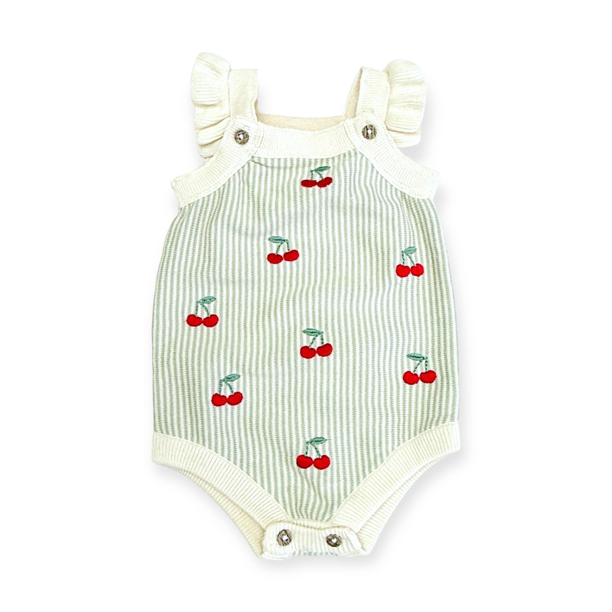 Cherry Stripe Baby Ruffle Romper - Sage Stripe