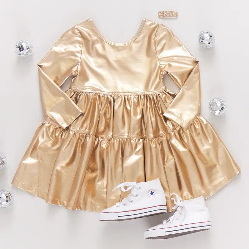 Girls Lame Polly Dress - Gold