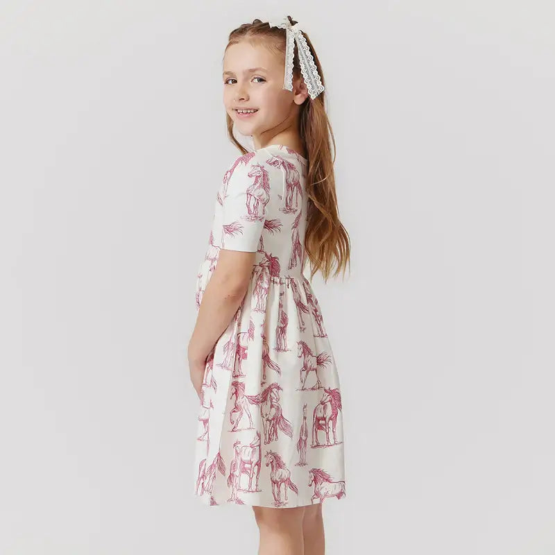 Girls Organic Steph Dress - Vintage Rose Horses