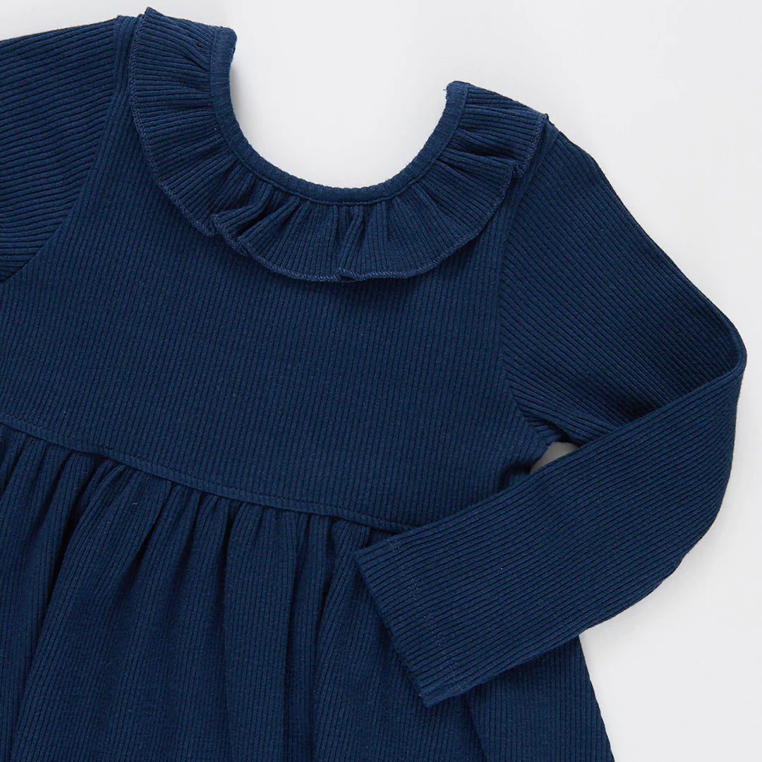 Girls Organic Princess Diana Rib Dress - Navy