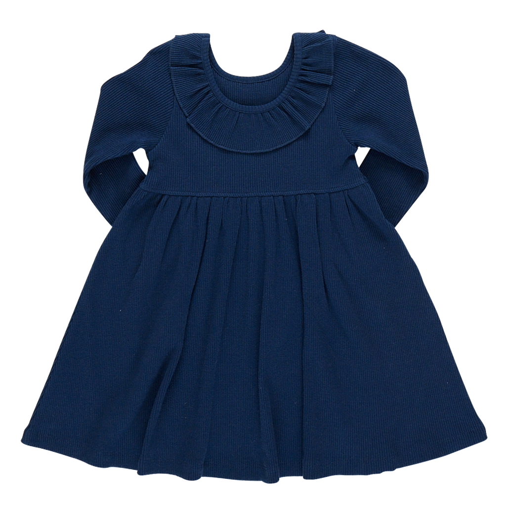 Girls Organic Princess Diana Rib Dress - Navy