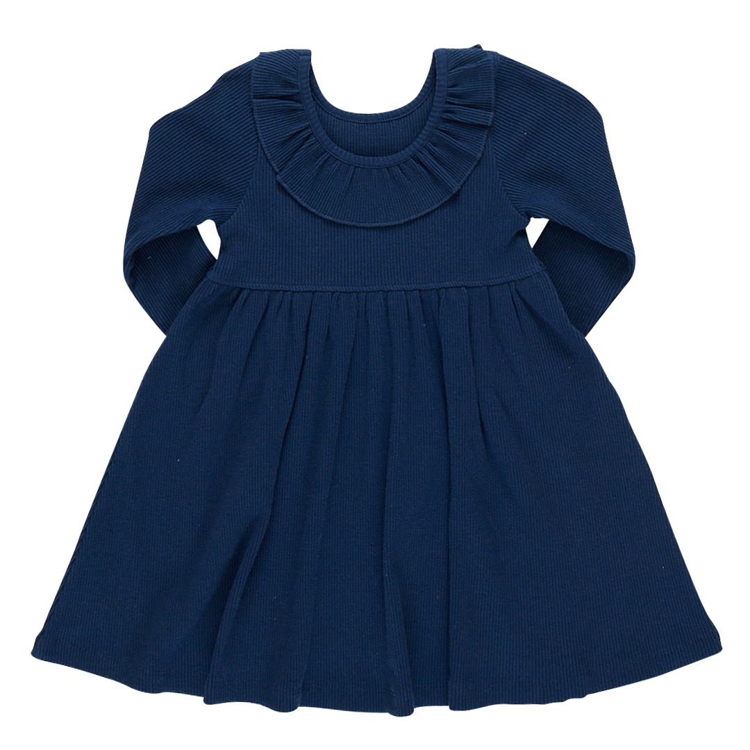 Girls Organic Princess Diana Rib Dress - Navy