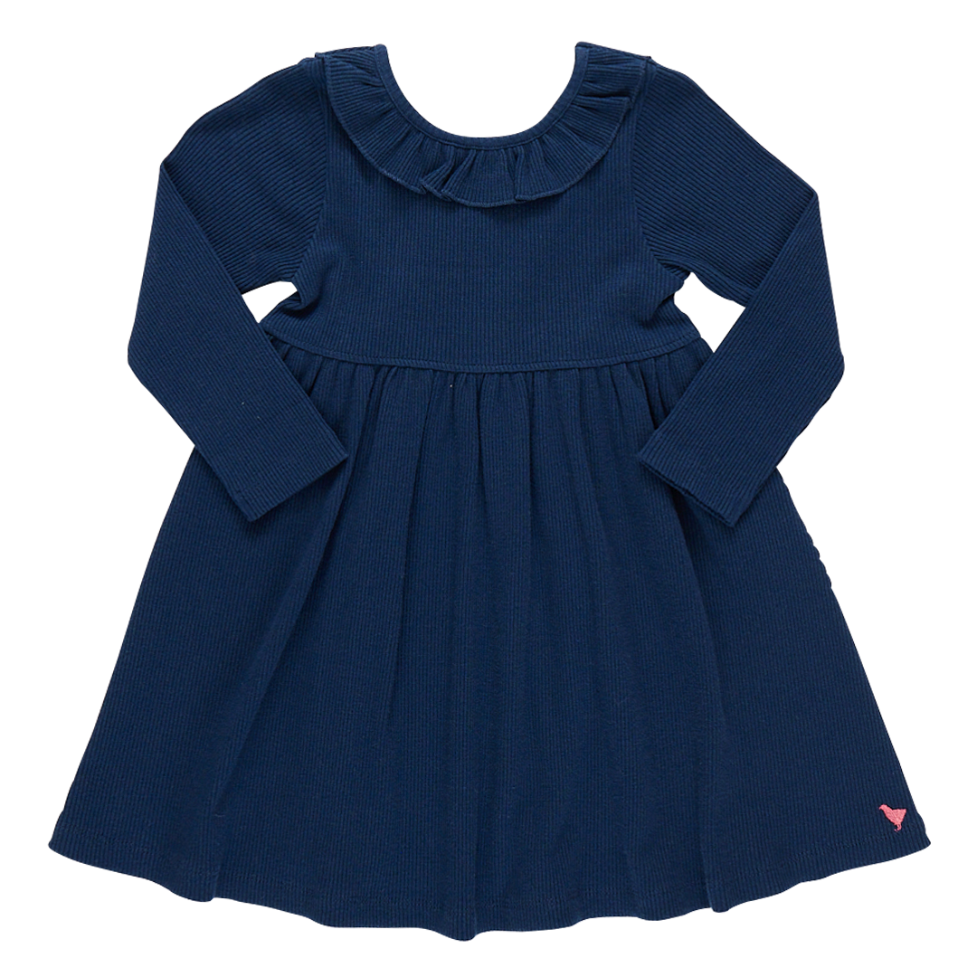 Girls Organic Princess Diana Rib Dress - Navy
