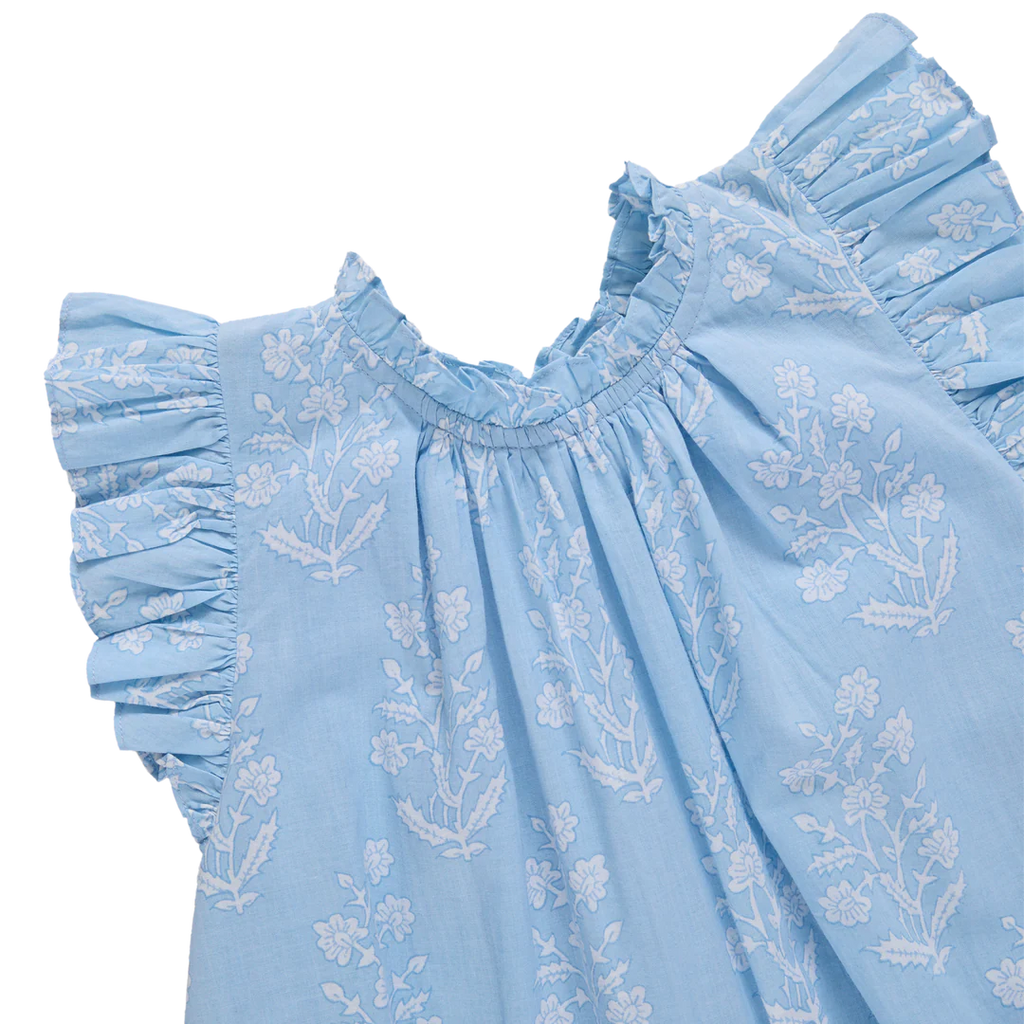 Girls Harper Dress - Blue Dewdrop Block Print