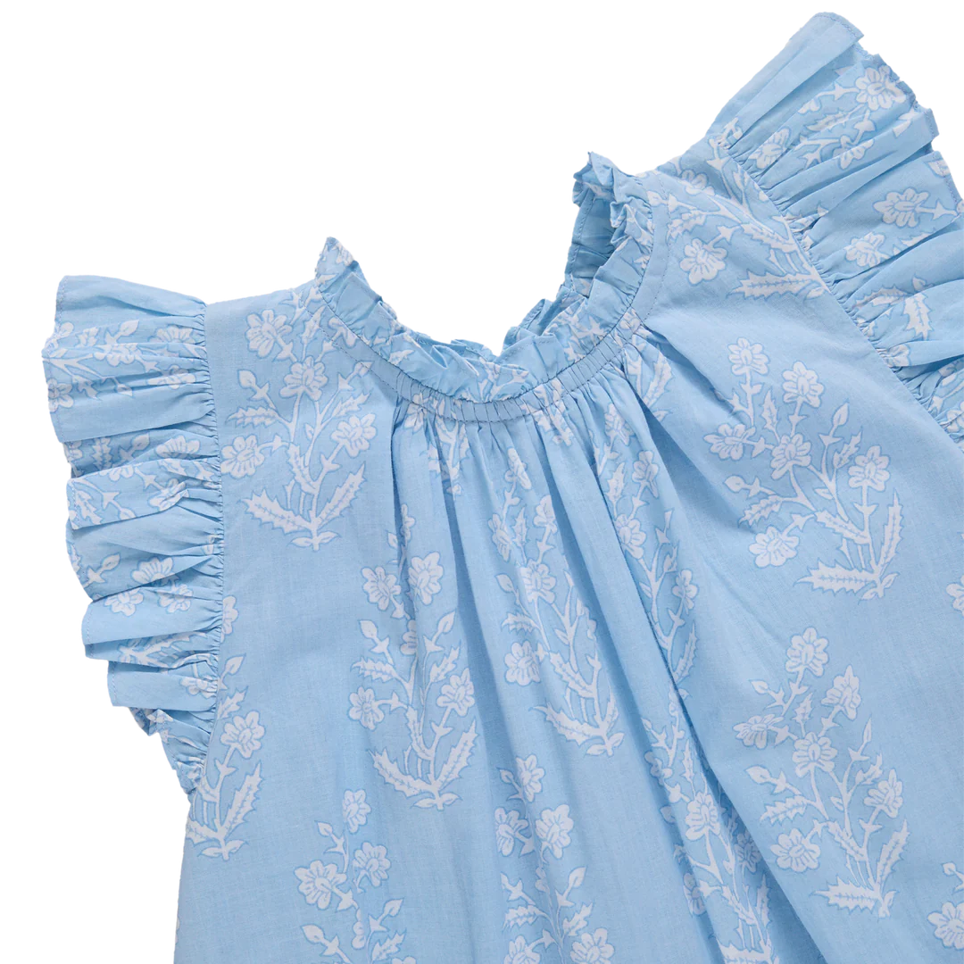 Girls Harper Dress - Blue Dewdrop Block Print