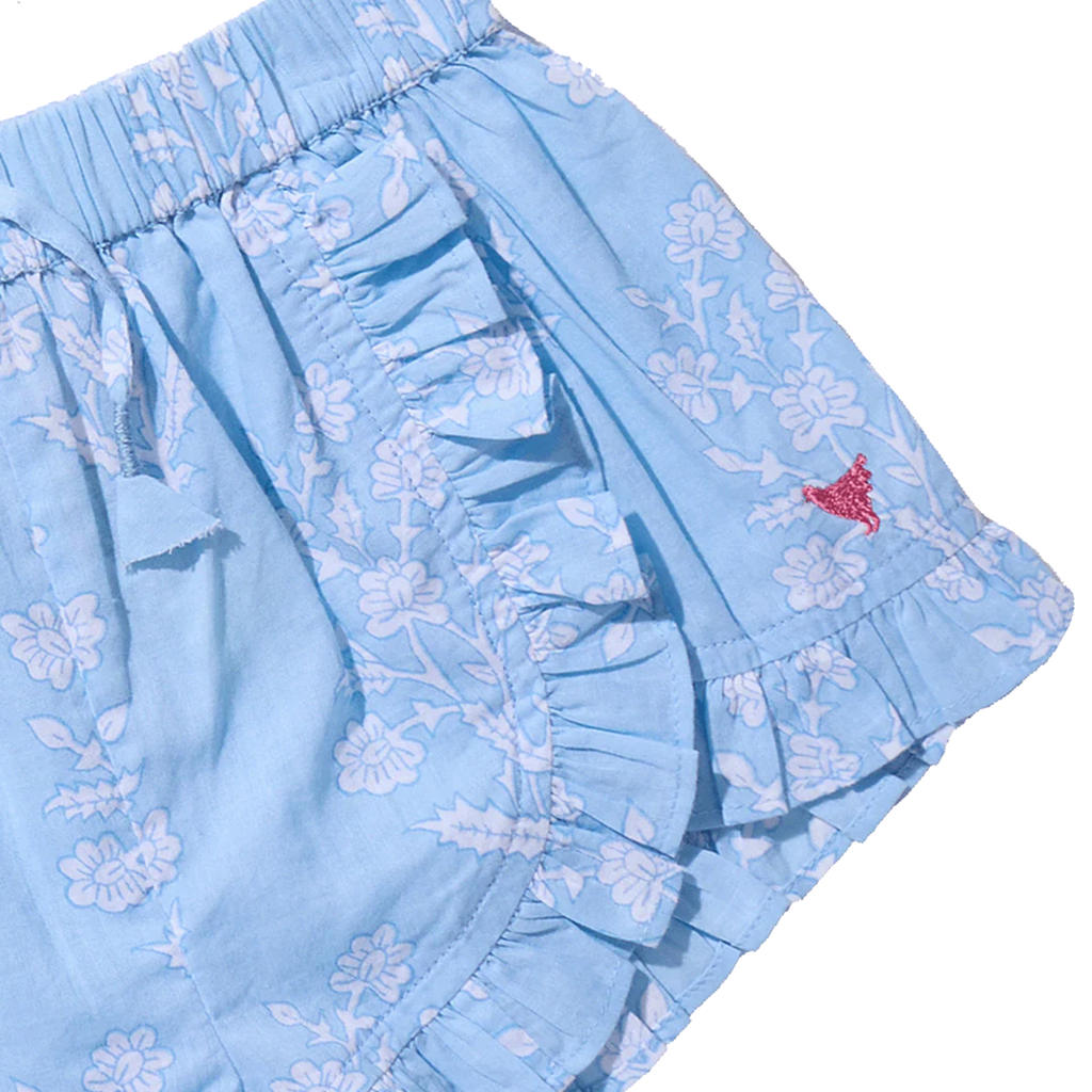 Girls Millie Ruffle Short - Blue Dewdrop Block Print