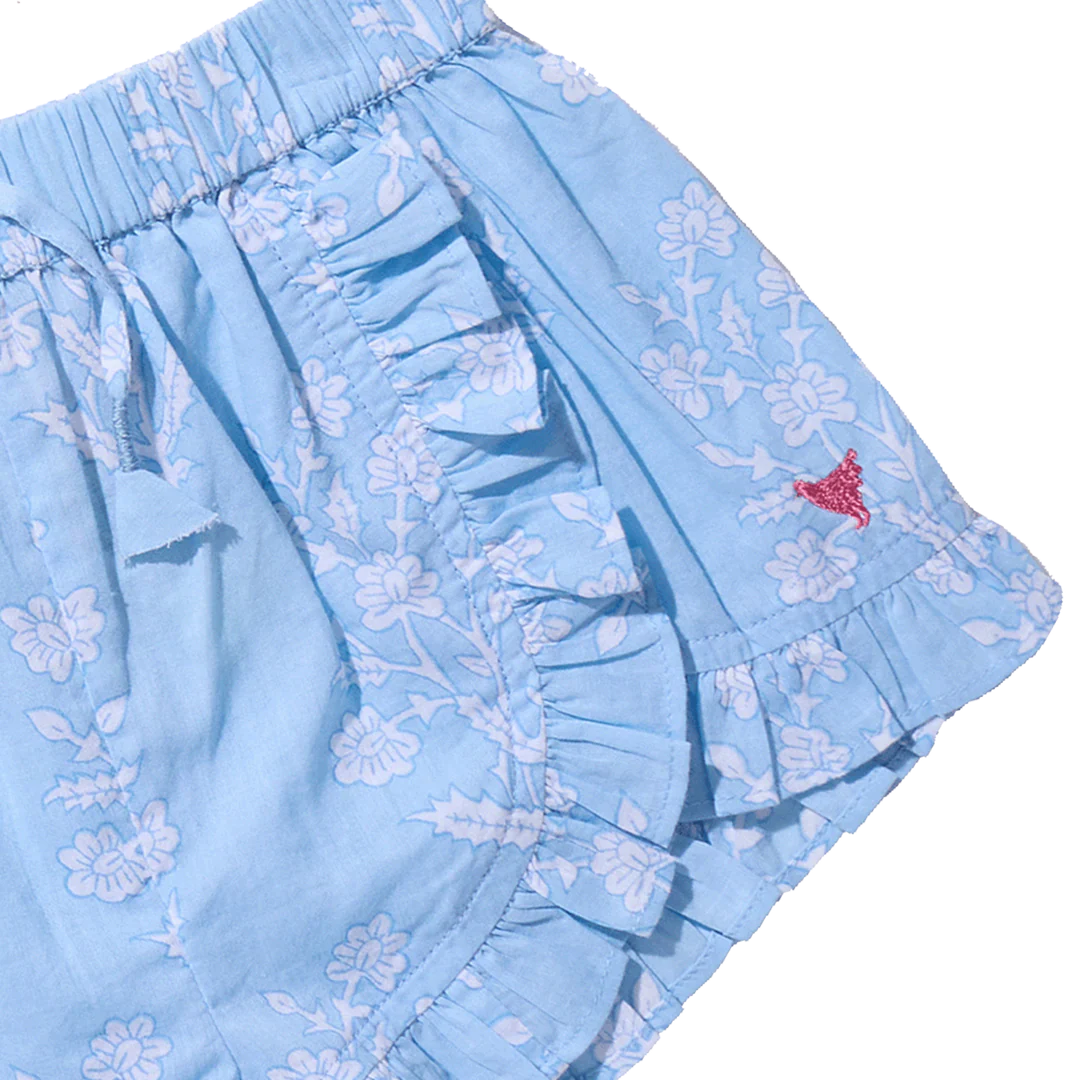 Girls Millie Ruffle Short - Blue Dewdrop Block Print
