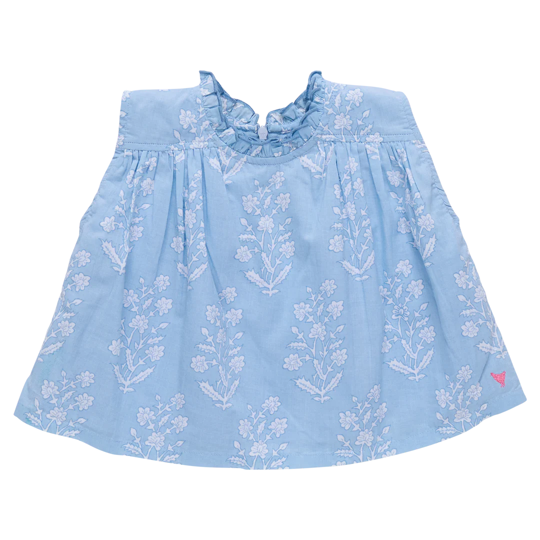 Girls Misha Top - Blue Dewdrop Block Print