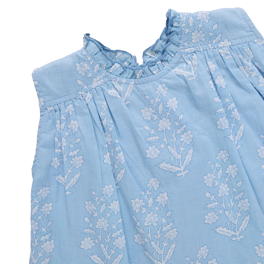 Girls Misha Top - Blue Dewdrop Block Print