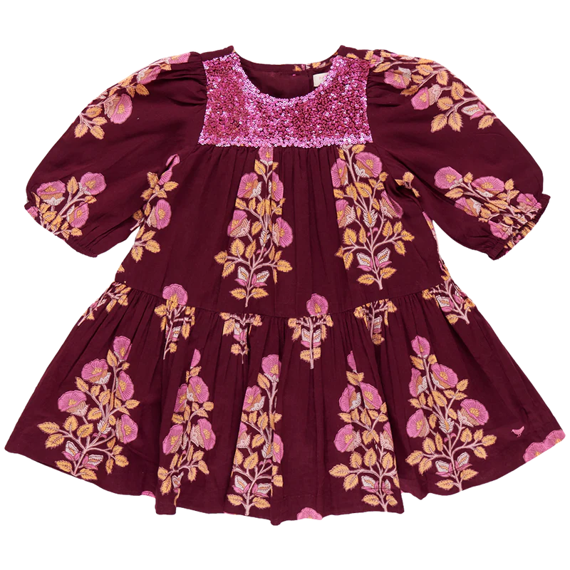Girls Fiona Dress - Burgundy Bouquet Floral
