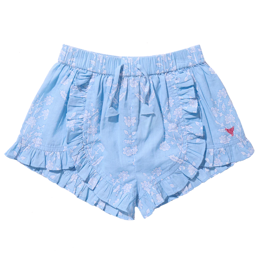 Girls Millie Ruffle Short - Blue Dewdrop Block Print
