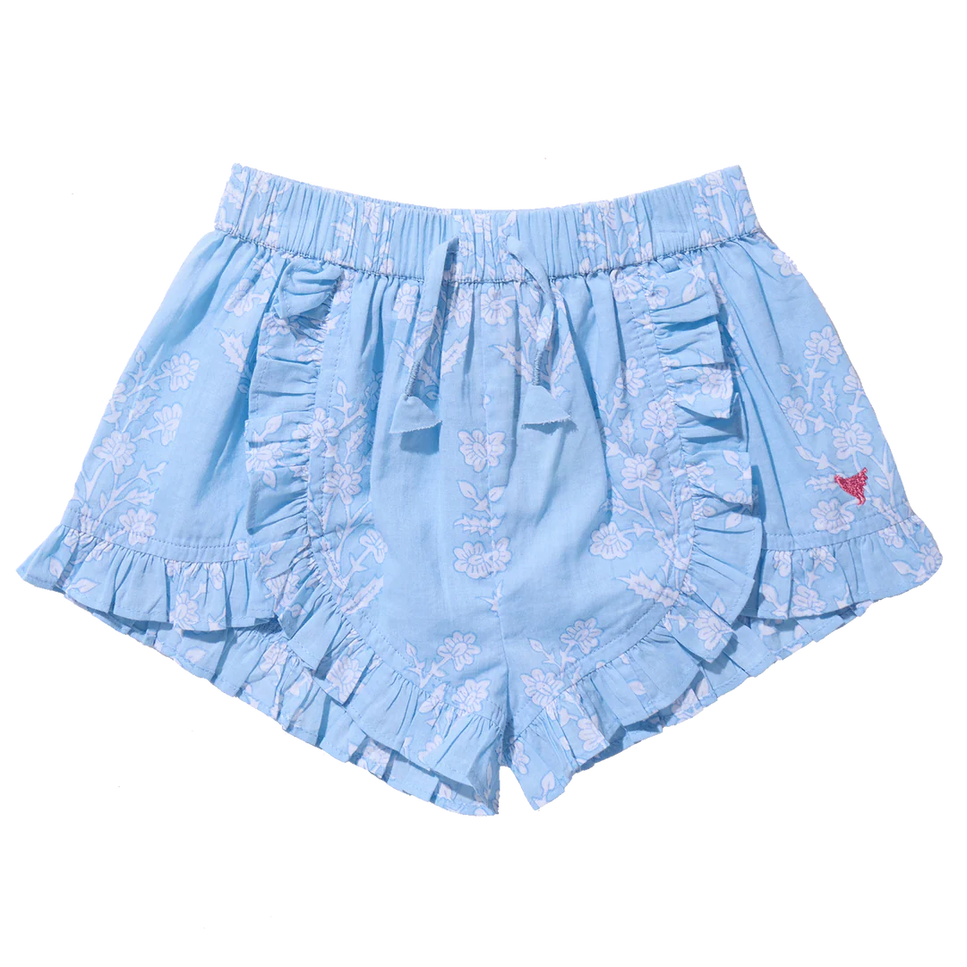 Girls Millie Ruffle Short - Blue Dewdrop Block Print