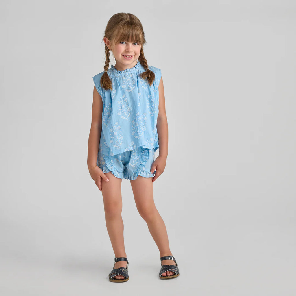 Girls Misha Top - Blue Dewdrop Block Print